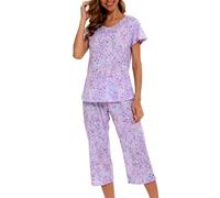 MIA LUCCE - Pigiama da donna, in due pezzi, estivo, in cotone, notte, casa, capri, maniche corte, top e pantaloni 3/4, taglie S-XXL, 3XL