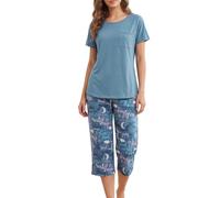 MIA LUCCE Pigiama da donna in due pezzi, in morbido cotone, con parte superiore e pantaloni a 3/4, traspirante, taglie M-XXL, Alfabeto blu, XL
