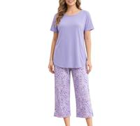 MIA LUCCE Pigiama da donna in due pezzi, in morbido cotone, con parte superiore e pantaloni a 3/4, traspirante, taglie M-XXL, stelle lilla, XL