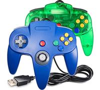 Miadore N64 - Confezione da 2 controller classico N64, con cavo USB per PC, Mac, Linux Raspberry Pi 3 Sega Genesis (trasparente verde/blu)
