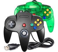 Miadore N64 - Confezione da 2 controller classico N64, con cavo USB per PC, Mac, Linux Raspberry Pi 3 Sega Genesis (trasparente verde/nero)