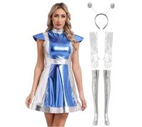 Miaeowve Alien Costume da donna con glitter per lo spazio, senza maniche, mini abito olografico, per feste, con guanti, per fascia, calze spaziali, da viaggio, colore blu, L