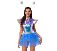 Miaeowve Alien - Costume da donna Space Girl, con glitter metallici, a linee, con fascia aliena, per lo spazio, blu, a XL