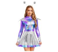 Miaeowve Alien - Costume da donna Space Girl Dress da viaggio, con glitter metallizzati, per feste, a linee, con fascia aliena, per lo spazio, per carnevale, colore argento, a XXL