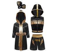Miaeowve Boxer tuta per bambini ragazzo Muay Thai Robe Raso Mantello con Cappuccio Boxer Boxe Guanti da Lotta Set Nero 170
