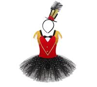 Miaeowve Circo Acrobatico Costume Bambini Ragazze Dompteur Uniformi Senza Maniche Abito Da Danza Paillettes Glitter Vestito Da Balletto Tutu Con Fascia Cilindro, Colore: rosso, 170