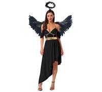 Miaeowve Costume da angelo da donna con piuma, ali d'angelo, alone coslay, vestito da dea romana, abito antico, abito da festa, abito asimmetrico, abito da ballo, costume di carnevale, nero, XXL