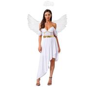 Miaeowve Costume da angelo da donna con piuma, ali d'angelo, alone coslay, vestito da dea romana, abito antico, abito da festa, abito asimmetrico, abito da ballo, costume di carnevale, bianco, XXL