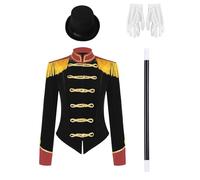Miaeowve Costume da circo, da donna, in velluto, a maniche lunghe, steampunk frack, con frange, nappe, smoking, giacca corta con fiocco, guanti, cappello, costume di carnevale Z_nero, S