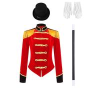 Miaeowve Costume da circo, da donna, in velluto, a maniche lunghe, steampunk frack, con frange, nappe, smoking, giacca corta con fiocco, guanti, cappello, costume di carnevale Z_rosso, XXL