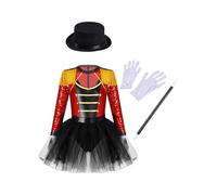 Miaeowve Costume da circo per bambini e bambine, in uniforme con paillettes, con direttore del circo, vestito tutù, vestito da danza con cappello, guanti, bacchetta magica, vestito rosso 170