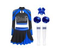 Miaeowve Maglietta da donna Cheer Leader, a maniche lunghe, con gonna, con pompon, 5 pezzi, costume da cheerleaderin, per carnevale, blu reale, A M