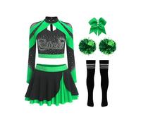 Miaeowve Maglietta da donna Cheer Leader, a maniche lunghe, con gonna, con pompon, 5 pezzi, costume da cheerleader, per carnevale, verde, A M