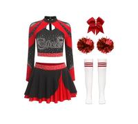 Miaeowve Maglietta da donna Cheer Leader, a maniche lunghe, con gonna, con pompon, 5 pezzi, costume da cheerleader, per carnevale, rosso, A S