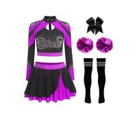 Miaeowve Maglietta da donna Cheer Leader, a maniche lunghe, con gonna, con pompon, 5 pezzi, costume da cheerleaderin, per carnevale, viola, A XL