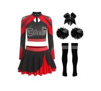 Miaeowve Maglietta da donna Cheer Leader, a maniche lunghe, con gonna, con pompon, 5 pezzi, costume da cheerleader, per carnevale, rosso, B S