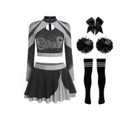 Miaeowve Maglietta da donna Cheer Leader, a maniche lunghe, con gonna, con pompon, 5 pezzi, per carnevale, colore grigio, B XXL
