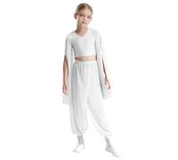 Miaeowve Modern Dance Outfit Girls Classic Dance Dress Set di abbigliamento con volant, maniche a tromba, top corto in chiffon, pantaloni da ballo, leggings da dancewear bianco 110-116