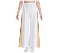 Miaeowve Pantaloni lunghi da danza per bambini, a gamba larga, elasticizzati, con finiture dorate, patchwork palazzo, bianco, 122-128 cm