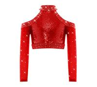 Miaeowve Top a crop con paillettes per bambini e bambine, a maniche lunghe, con strass lucidi, Colore: rosso, 122 cm-128 cm