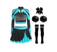 Miaeowve Vestito da donna Cheer Leader, a maniche lunghe, con gonna, con pompon, 5 pezzi, costume da cheerleader, per carnevale, azzurro, B XXL
