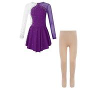 Miaeowve Vestito da zucca per pattinaggio artistico per bambini, a maniche lunghe, con strass, con collant da danza, leggings da ginnastica, Lilla, 158 cm-164 cm