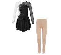 Miaeowve Vestito da zucca per pattinaggio artistico per bambini, a maniche lunghe, con strass, con collant da danza, leggings da ginnastica, Nero , 146-152 cm