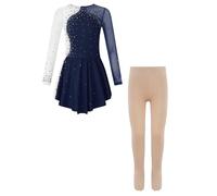 Miaeowve Vestito da zucca per pattinaggio artistico per bambini, a maniche lunghe, con strass, con collant da danza, leggings da ginnastica, Blu mare, 146-152 cm