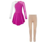 Miaeowve Vestito da zucca per pattinaggio artistico per bambini, a maniche lunghe, con strass, con collant da danza, leggings da ginnastica, Rosa, 134-140 cm