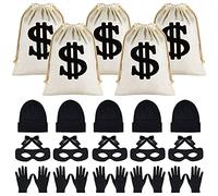 MIAHART 20 Pezzi Set Costume da Ladro, Include Maschera per Gli Occhi Berretto a Maglia Berretto in Tela Segno del Dollaro Sacchetti di Soldi Bandito per Halloween Cosplay Festa a Tema Ladro