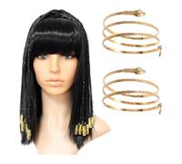 Miaija Cleopatra - Set di 3 pezzi, per travestimento da Cleopatra, con perline dorate, parrucca e braccialetti con parte superiore a serpente, da donna, decorazione vintage per feste di Halloween