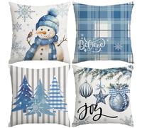 Miaikoe Set di 4 federe per cuscini natalizi, 40 x 40 cm, decorative, con pupazzo di neve, gioia, credere all'albero di Natale, blu, per l'inverno, le vacanze, la decorazione della casa