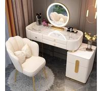MiaJJooLi Tavolo da toeletta con specchio a LED e sedie, con 5 cassetti, piano in pietra/vetro, toletta, camera da letto, cassettiera con sgabello, per ragazze