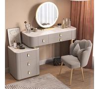 MiaJJooLi Toeletta da Trucco con Luci LED & Specchio,3 Colori Luce Touch Regolabile,5 Cassetti, Postazione Trucco per Camera da Letto con Sedia per Ragazza, Donna