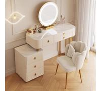 MiaJJooLi Toletta da Trucco con Specchio LED Touch 3 Colori e Sgabello, Postazione Trucco con Cassettiera Sideboard e Organizzatore Cosmetici, Set Mobile da Trucco