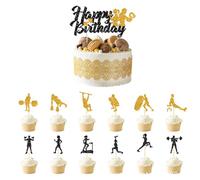 MiaLover Set di 13 decorazioni per torte GymsThemed, 1 cupcake Big Happy Birthday e 12 topper per sollevamento pesi muscolosi per feste di compleanno
