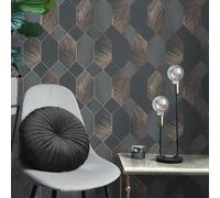 Miami Geometrico Palma Foglie Parati Metallico Esotico Tropicale FD42833 Carbone
