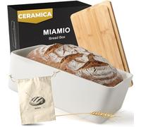 MIAMIO - Contenitore per Pane per Piano di Lavoro in Cucina/Contenitore per Pane in Ceramica con Tagliere, con Coperchio in Bambù, 32 x 20 x 11,5 cm (Bianco)