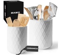 MIAMIO - Porta Utensili da Cucina in Ceramica / Set Organizer per Cucina, Decorazione da Fattoria per Organizzare il Piano di Lavoro e Conservare Posate, Mestoli e Accessori (Bianco)
