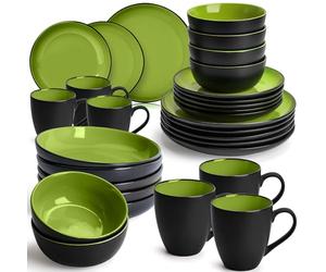 MIAMIO - Servizio di Piatti da 30 Pezzi per 6 Persone/Set di Stoviglie in Gres - Inclusi Piatti, Ciotole e Tazze - Adatti per Microonde e Lavastoviglie - Collezione Le Papillon (Verde)