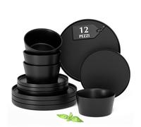 MIAMIO - Servizio di stoviglie per 4 / Set di 12 pezzi in gres moderno/Stoviglie - Lavabili in lavastoviglie e adatte al microonde - Collezione Luxe (Nero, Set di stoviglie (12x))