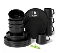 MIAMIO - Servizio di stoviglie per 4 / Set di 16 pezzi in gres moderno/Stoviglie - Lavabili in lavastoviglie e adatte al microonde - Collezione Luxe (Nero, Set di stoviglie (16x))