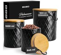MIAMIO - Set di 3 barattoli per il bancone della cucina, set di barattoli da cucina in ceramica con coperchio in legno a chiusura ermetica - perfetti per caffè - Collection Palmanova (Nero)