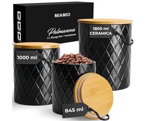 MIAMIO - Set di 3 barattoli per il bancone della cucina, set di barattoli da cucina in ceramica con coperchio in legno a chiusura ermetica - perfetti per caffè - Collection Palmanova (Nero)