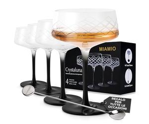 MIAMIO - Set di 4 bicchieri da circa 280 ml con cucchiaio da bar, bicchieri da cocktail in cristallo soffiato a mano con stelo nero, Vodka Martini, champagne - Collezione Crystaluna
