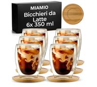 MIAMIO - Set di 6 bicchieri latte macchiato/bicchieri termici a doppia parete/senza manico/con piattino/bicchieri da cappuccino/pareti spesse/in vetro borosilicato (350 ml)