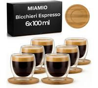 MIAMIO - Set di 6 tazzine da caffè espresso/bicchieri da espresso a doppia parete/senza manico/con piattino/vetro/pareti spesse/in vetro borosilicato (100 ml)