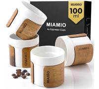 MIAMIO - Set di Tazze da Espresso da 4 (100 ml) Tazze da Tè Giapponese in Ceramica/Tazze Senza Manico con Fascia in Legno Rimovibile/Tazze da Caffè Senza Manico (Bianco)