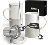 MIAMIO - Set di tazze da tè 2 x 500 ml con infusore e coperchio/Tazza da tè in ceramica con infusore e cucchiaio per la macerazione del tè in foglie, regali per gli amanti del tè (Grigio)
