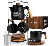 MIAMIO - Set di teiere in ceramica da 1000 ml con infusore e tazze/colino per il tè, 4 tazze da tè in ceramica (300 ml), piattini in bambù/manico con supporto per casa e ufficio